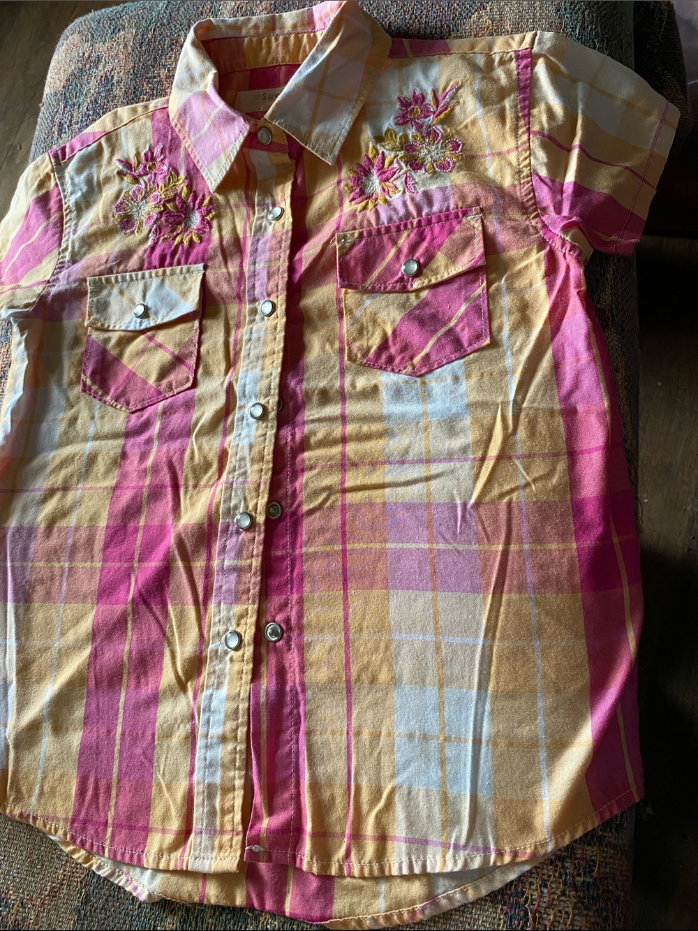 Shyanne Short-Sleeve Button Shirt with Floral Embroidery pink and yellow